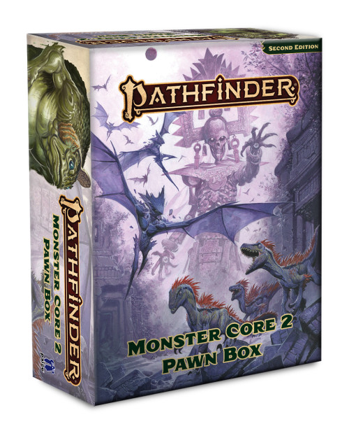 A 3D image of the box for the Monster Core 2 Pawn Box featuring the cover art from Monster Core 2 on its main box face and various creatures around the edges of the box.
