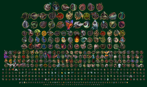 PF2E Monster Core tokens for Pathfinder Second Edition Remastered, featuring 500+ creature portraits in various colors on a dark green background, with comprehensive collection of artwork for caligni, devils, dragons, and more.