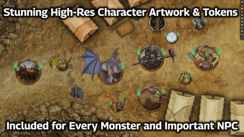 Pathfinder Adventure Path #207: The Resurrection Flood (Triumph of the Tusk 1 of 3) (Foundry VTT) CODE. A map of a campsite with several monster tokens, and the text Stunning high-res character artwork and tokens included for every monster and important NPC.