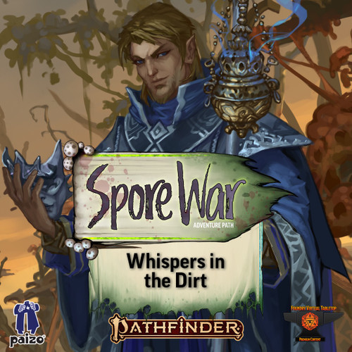 Pathfinder Adventure Path #210: Whispers in the Dirt (Spore War 1 of 3) (Foundry VTT) CODE. The title treatment for the adventure is overlayed on an illustration of a man holding an incense censer. 