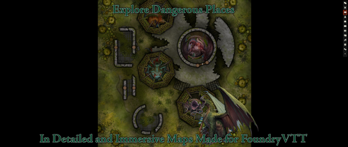 Pathfinder Adventure Path #211: The Secret of Deathstalk Tower (Spore War 2 of 3) (Foundry VTT) CODE. A map of ruins in a forest with several monster tokens, with the text Explore dangerous places in detailed and immersive maps made for Foundry VTT.