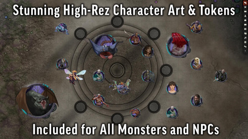 Pathfinder Adventure Path #214: The Broken Palace (Shades of Blood 2 of 3) (Foundry VTT) CODE. A map featuring a circular structure, with lots of creature tokens. The text reads, Stunning high-rez character art and tokens included for all monsters and NPCs.