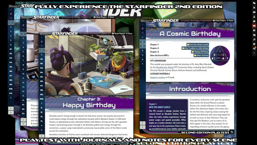 The text on the top and bottom reads: "Fully experience the Starfinder 2nd Edition Playtest with journals and notes for every scene." The image in the background shows a few different menus overlapping, each displaying important information for running the adventures. 