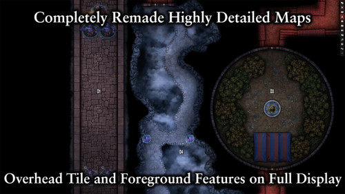 Gameplay image depicting a ghostly dungeon map with character and monster tokens. Sales copy reads: "Completely remade highly detailed maps, overhead tile and foreground features on full display."