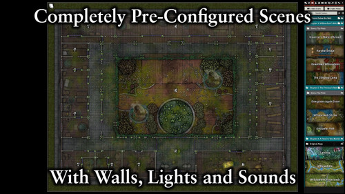 Gameplay image depicting a dungeon map. Sales copy reads: "Completely pre-configured scenes with walls, lights, and sounds."