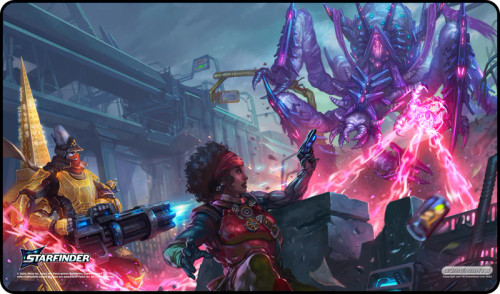 Jinsul Encounter Starfinder Playmat, 14"x24", featuring vibrant purple artwork on a 14"x24" smooth cloth top with rubber bottom, machine washable, showcasing iconic Starfinder design from Paizo in collaboration with GamerMats.