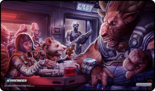 Starfinder Ports of Call #2 playmat, 14x24 inches, high-quality vibrant artwork on smooth cloth, rubber bottom for traction, from Paizo and GamerMats, machine washable, designed for tabletop gaming with vibrant colors and protective card storage.
