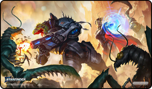Swarm War - Starfinder Playmat from GamerMats, featuring vibrant, colorful artwork inspired by Paizo's Starfinder universe, smooth cloth top with rubber bottom for traction and protection, 24 inch diameter, machine washable gaming accessory.