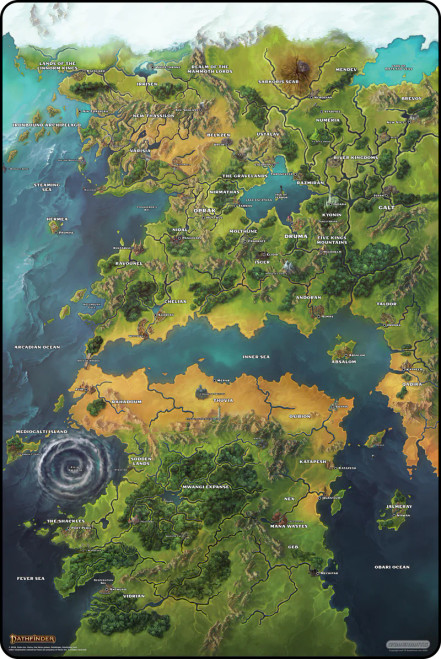 Golarion World Map - Pathfinder 2E XL Deskmat, featuring vibrant colors and iconic Paizo artwork, large 18x24 inch smooth cloth surface with rubber bottom for grip, machine washable and protective design for cards and sleeves.