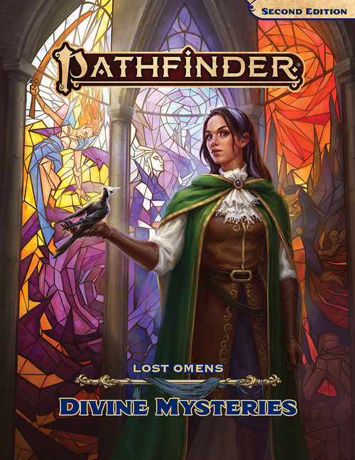 Pathfinder Lost Omens Divine Mysteries book cover depicts a woman with long dark hair and a green cloak holding a bird in an outstretched palm. She's surrounded by massive, colorful stained glass windows.