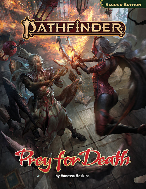 Deluxe Pathfinder Second Edition adventure, 'Prey for Death', featuring assassins, flames, and gold typography, a 14th-level RPG for Pathfinder, showcasing a dramatic combat scene and treacherous plotlines.