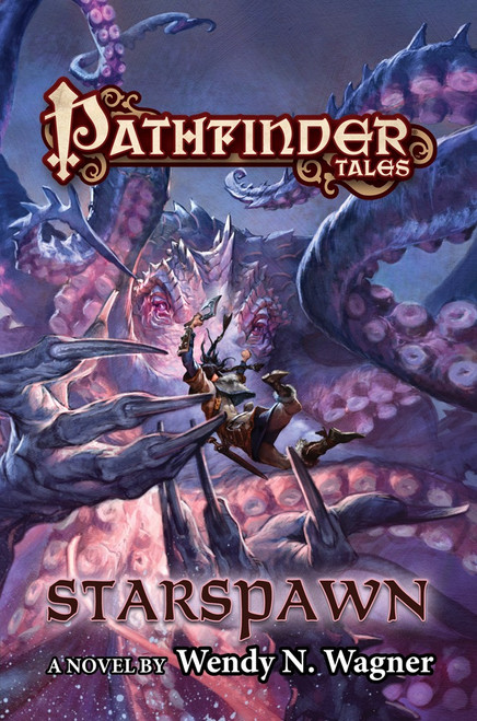 Starspawn ePub/PDF. A novel by Wendy N. Wagner. The cover depicts a warrior with brandished sword leaping at an enormous monster with octopus tentacles and clawed hands.