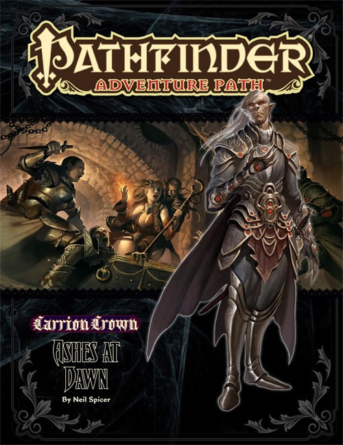 Pathfinder Adventure Path #47: Ashes at Dawn (Carrion Crown 5 of 6), by Neil Spicer. This cover depicts a male elf in armor in front of a scene of heroes fighting undead.