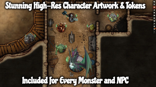 Pathfinder Adventure Path #208: Hoof, Cinder, and Storm (Triumph of the Tusk 2 of 3) (Foundry VTT) CODE. A map of an underground cavern, with a large dragon token. The text reads, Stunning high-res character artwork and tokens included for every monster and NPC.