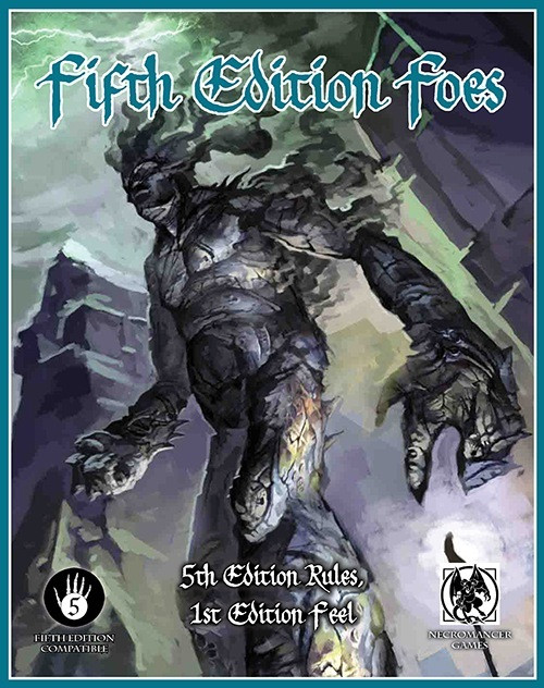 PDF cover for Fifth Edition Foes, a 5th Edition Dungeons and Dragons supplement, featuring dark fantasy artwork and a Night Ranger Games logo in blue, against a stormy lightning background.