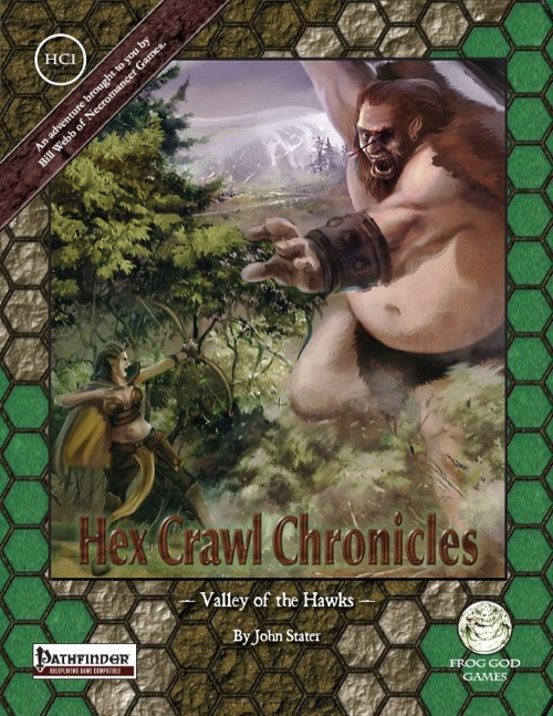 Pathfinder game PDF, Hex Crawl Chronicles 1, The Winter Woods, featuring a man and a giant creature in a natural setting, winter-themed, from High God Games and Pathfinder.