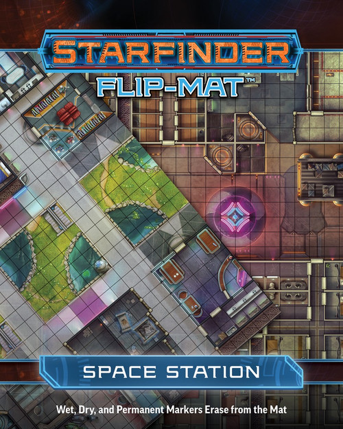 Starfinder Flip-Mat: Space Station. Two overlayed maps, one depicting an open space station plaza in the style of a park, and the other depicting the industrial underbelly of the station.
