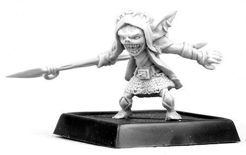 Pathfinder Miniatures: Murgmo. An unpainted mini of a goblin holding a spear.