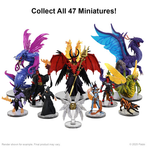 A selection of miniatures from the Planar Perils set, including two dragons and the red-winged Mephistopheles in the center. 