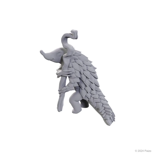 Pathfinder Battles Deep Cuts: Sunflower Leshy and Fruit Leshy. An unpainted mini of a leafy creature somewhat like a pangolin, holding a staff.