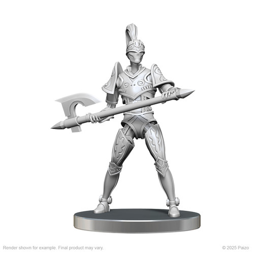Pathfinder Battles Deep Cuts: Clockwork Warriors. An unpainted mini of a clockwork soldier with a battle axe.