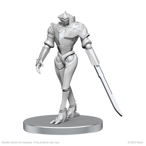 Pathfinder Battles Deep Cuts: Automaton. An unpainted mini of a metallic humanoid creature. One of its arms is a blade.