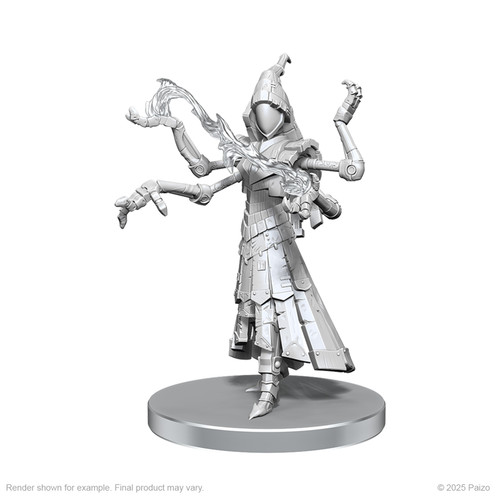 Pathfinder Battles Deep Cuts: Clockwork Mage. An unpainted mini of a humanoid clockwork figure with four arms, summoning magic energies.