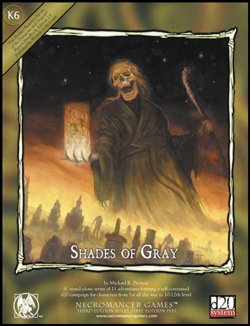 K6 Shades of Grey d20 PDF cover features a grim reaper holding a lantern over a dark cityscape; published by Necromancer Games; a fantasy role-playing game sourcebook in digital format.