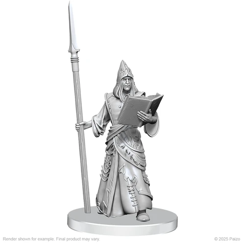 Pathfinder Battles Deep Cuts: Vloriak (Despoiler Demon) & Demonologist. An unpainted mini of a human in a hooded robe, holding a polearm in one hand and a spell book in the other.