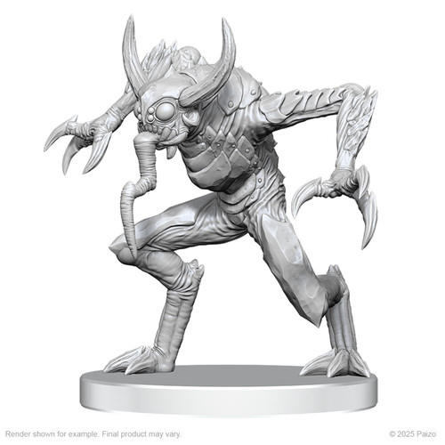 Pathfinder Battles Deep Cuts: Vloriak (Despoiler Demon) & Demonologist. An unpainted mini of a humanoid demon with an alien face, three fingers on each hand, and a very long tongue.