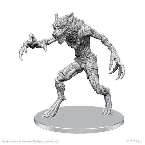 Pathfinder Battles Deep Cuts: Meladaemon (Famine Daemon). An unpainted mini of a wolf-headed figure with long, menacing claws.