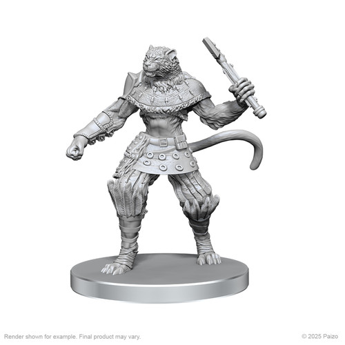 Pathfinder Battles Deep Cuts: Elf Hunter & Catfolk Bandit. An unpainted mini of a catfolk in armor holding a weapon raised.