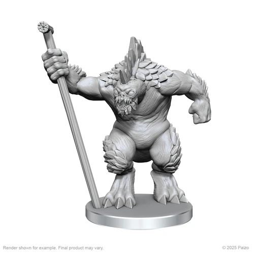 Pathfinder Battles Deep Cuts: Xulgath Skirmisher & Stoneliege. An unpainted mini of a broad monstrous humanoid carrying a staff.