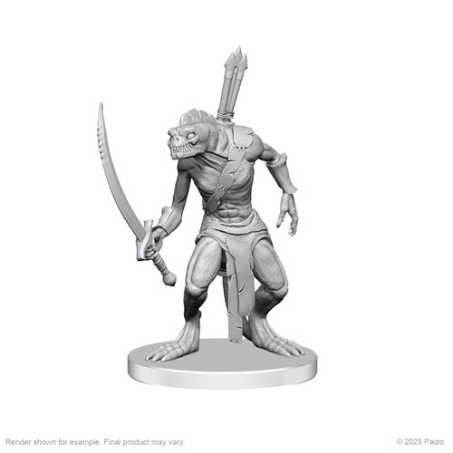 Pathfinder Battles Deep Cuts: Xulgath Skirmisher & Stoneliege. An unpainted mini of a xulgath, a monstrous humanoid, carrying a long blade.