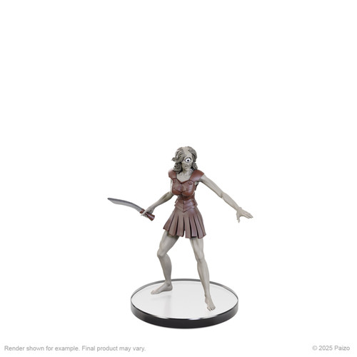 A mini of a cyclopean woman with gray skin, holding a blade.