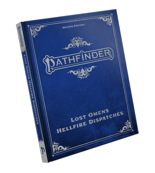A 3D image of the Special Edition cover of the Pathfinder Lost Omens Hellfire Dispatches, a part of the Hellfire Crisis. This is bound in faux leather with metallic deboss cover elements and a bound-in ribbon bookmark.