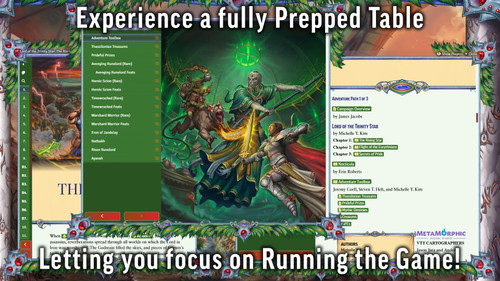 The top text reads: "Experience a fully Prepped Table," and the bottom text reads: "Letting you focus on Running the Game!" The main image features a few windows from the Foundry module, each containing important information for running the game. 
