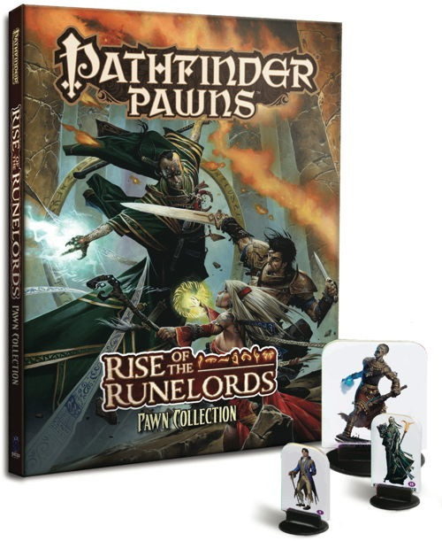 Pathfinder Adventure Path: Rise of the Runelords Pawn Collection PDF product image shows the closed box of pawns standing upright, featuring an image of a heroic fighter and sorcerer fighting against an evil wizard who wears a green robe and wields a burning glaive; the scene takes place in a dungeon room in front of a mysterious rune-carved archway. In the foreground in front of the box stand three sample pawns fitted into black plastic bases, a small, medium, and large pawn each showing a different character.
