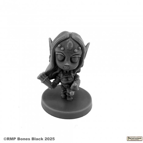 An unpainted dark grey miniature of a cute female figure with long pointed ears and decorative marks above her eyes.