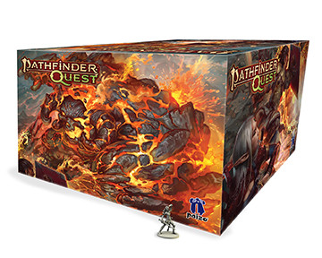 A 3D image of the Pathfinder Quest Deluxe box as seen from one of its side corners. A single miniature stands next to the Paizo logo in the forward corner, showcasing the incredible depth of the box.