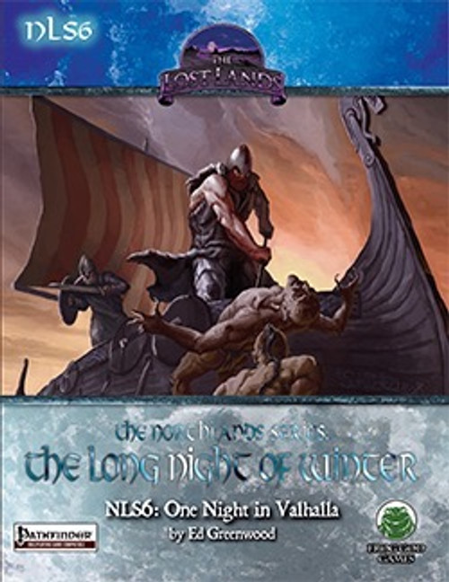 Pathfinder RPG product cover art: The Lost Lands Northlands Series #6 One Night in Valhalla PDF featuring a muscular Viking warrior on a ship with a dragon, set against an orange and blue sky with the Pathfinder logo.