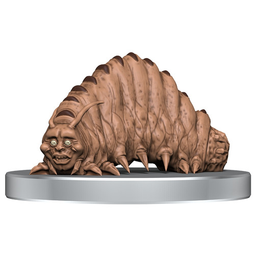 A shade larva, a taupe caterpillar looking creature with the wide-eyed, traumatized face of a person. 