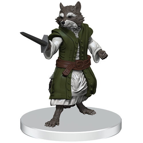 Wide of chest and waist, this finely dressed man has a graymuzzled raccoon’s head and beady, darting eyes. One hand reaches forward with a blade ready to fight.