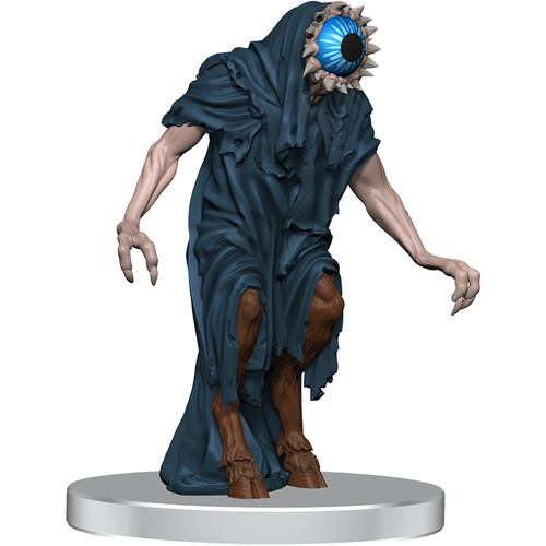 Draped in rags and hunched over on goatlike legs, this creature possesses a featureless face, save for a large eye ringed by fangs.