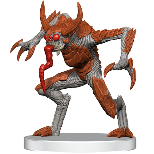 This creature's chitinous body and faceted eyes give it an insectile appearance. A long, snaking, proboscis-like tongue darts forward from its tight mouth. 