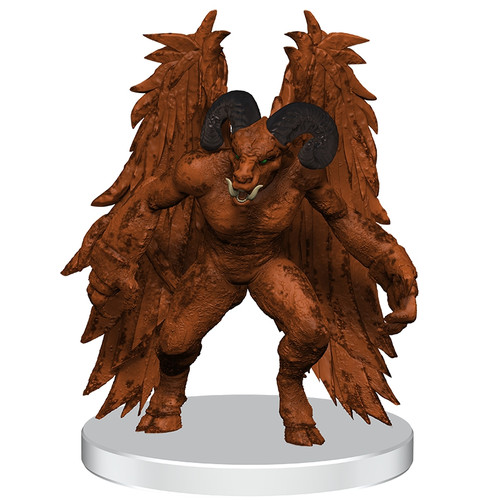 This creature has curling ram’s horns, metallic flesh that bears coiling ribbons of rust, and wings covered with rusty metallic feathers, each resembling a weathered dagger.