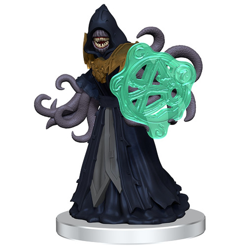 Tentacles protrude from the robes of this floating hooded figure in place of arms and legs. Its face is a disturbing, toothy maw. A bright blue spell effect erupts from its left cluster of tentacles.