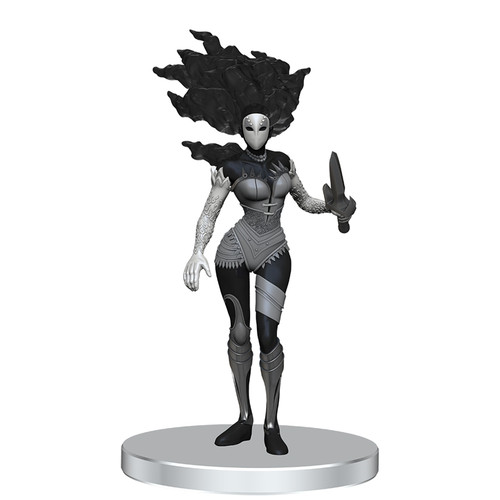 A white porcelain mask and elegant gray and black clothing provide form and contrast to this shadowy woman’s body. A dagger is held up in the left hand while her hair billows out behind her.