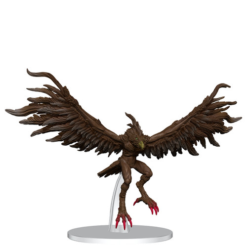 This creature resembles a horned, humanoid hawk with blood-red taloned feet and wings in place of arms.