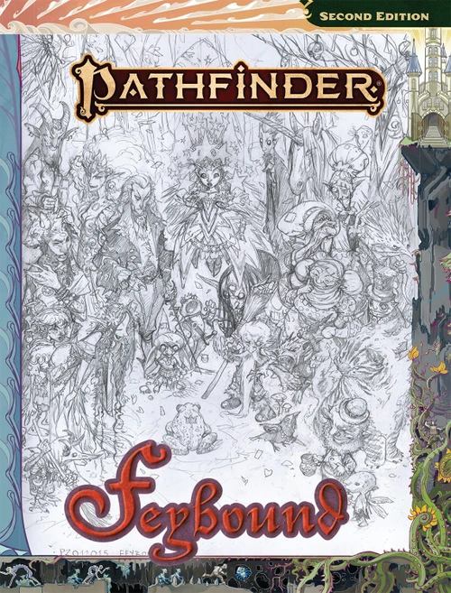 The sketch art cover for the sketch cover version of Pathfinder Feybound, featuring a variety of pencil sketched fey creatures at a gathering bordered by colorful design elements. 